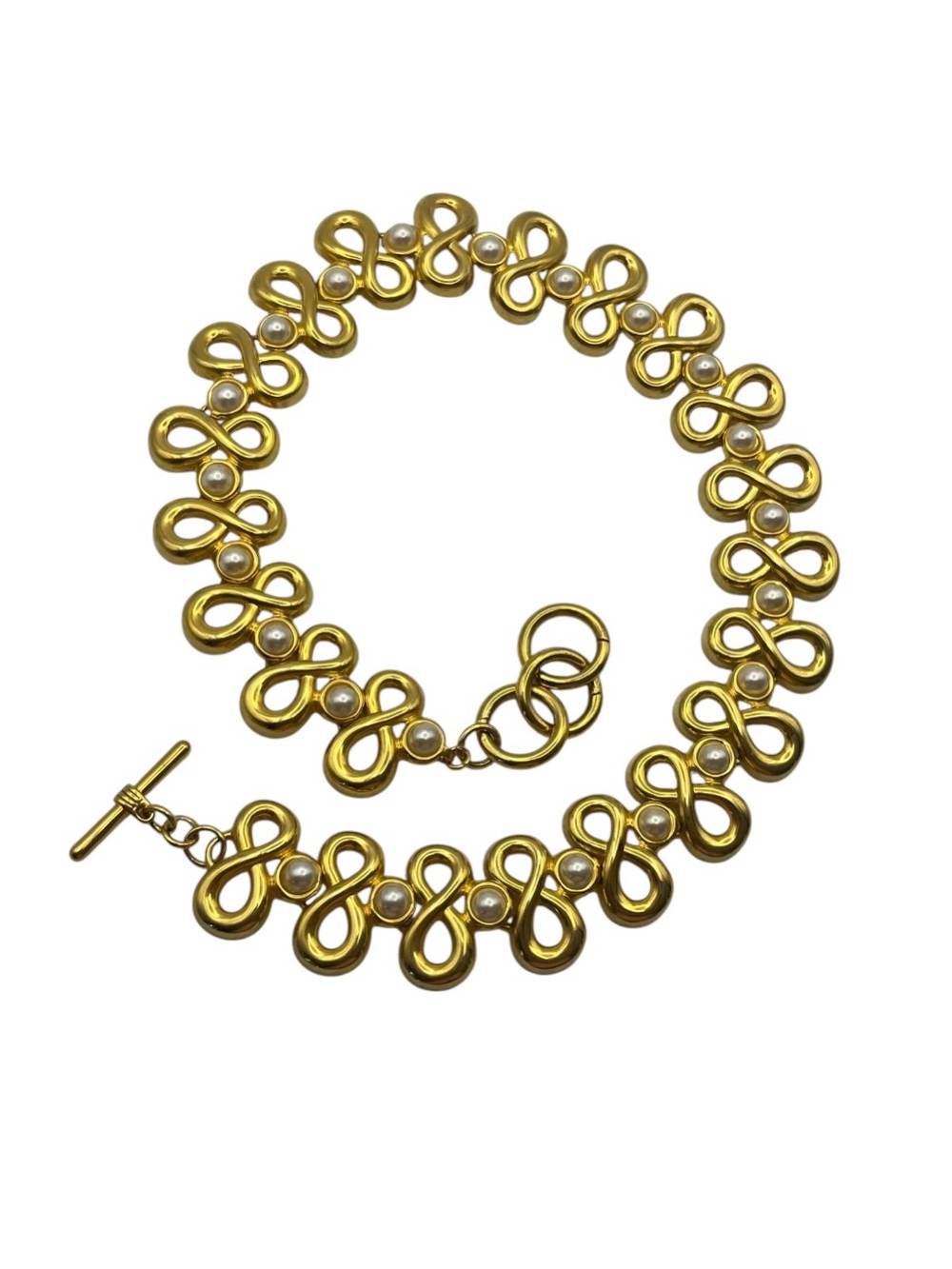 Infinity symbol gold tone link faux pearl chain statement necklace vintage